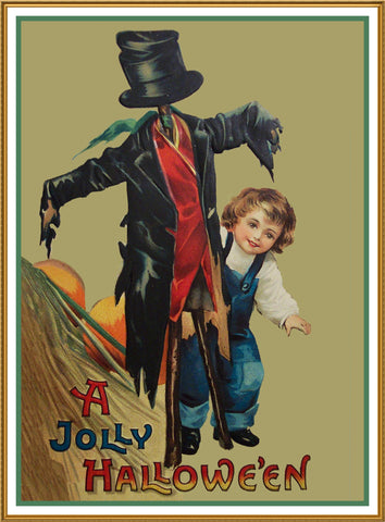 Halloween Young Boy with a Scarecrow Counted Cross Stitch Pattern