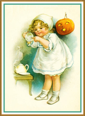 Halloween Young Giirl Tea Party Counted Cross Stitch Pattern