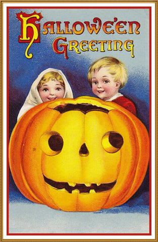 Halloween Young Boy and Giirl Pumpkin Counted Cross Stitch Pattern