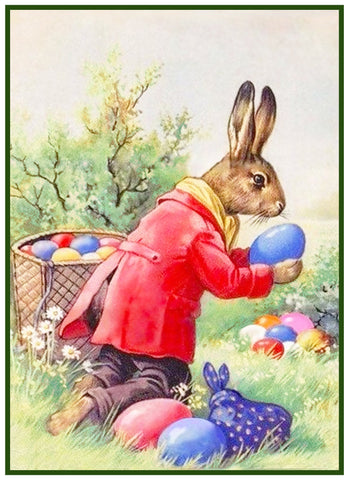 Vintage Easter Bunny Hiding Eggs Counted Cross Stitch Pattern DIGITAL DOWNLOAD