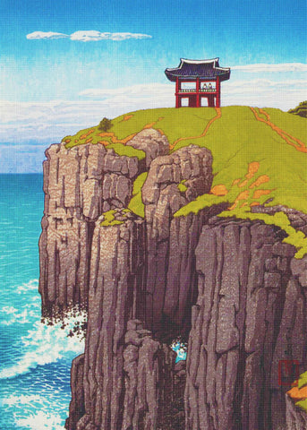 Korean Temple on Cliff by Japanese artist Kawase Hasui Counted Cross Stitch Pattern