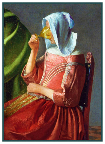 Girl With a Glass of Wine detail by Johannes Vermeer Counted Cross Stitch Pattern