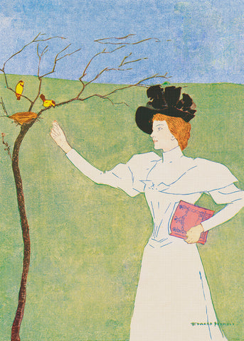 Woman Feeding Birds by American Edward Penfield Counted Cross Stitch Pattern