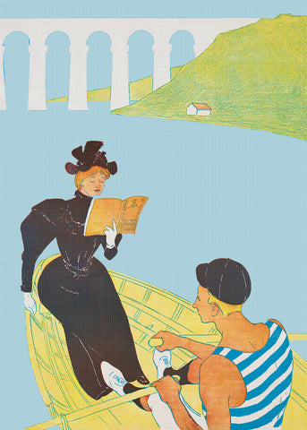 Reading in a Row Boat by American Edward Penfield Counted Cross Stitch Pattern