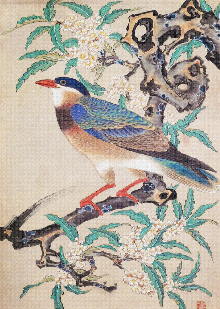 The Blue Jay Bird by Japanese Artist Ito Jakuchu Counted Cross Stitch Pattern