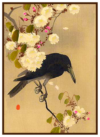 Japanese Artist Ohara Shoson's Crow on a Cherry Branch Counted Cross Stitch Pattern