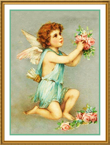 Victorian Valentine Cupid with Roses Counted Cross Stitch Pattern
