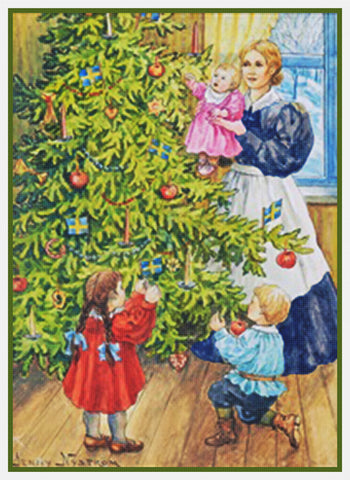 Family Decorates Christmas Tree by Jenny Nystrom Counted Cross Stitch Pattern