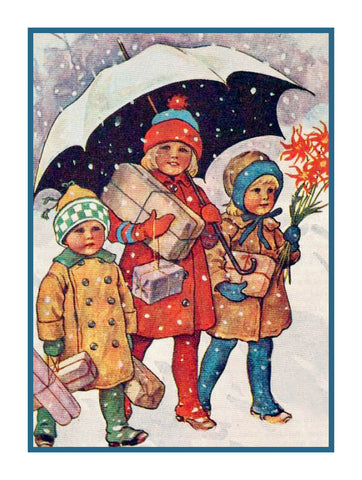 Children Presents Under Umbrella in Snow Jenny Nystrom  Holiday Christmas Counted Cross Stitch Pattern
