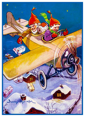Elves Airplane Deliver Presents by Jenny Nystrom Counted Cross Stitch Pattern DIGITAL DOWNLOAD