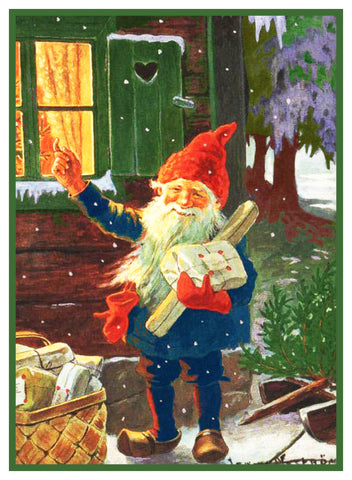 Elf Gnome with a Picnic Basket Jenny Nystrom Holiday Christmas Counted Cross Stitch Pattern
