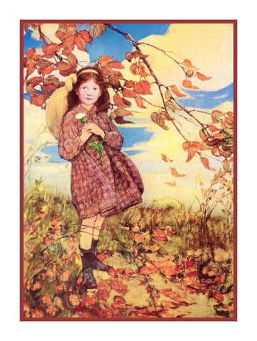 Young Girl and Autumn Leaves By Jessie Willcox Smith Counted Cross Stitch Pattern