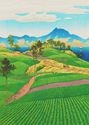Landscape of Rice Fields by Japanese artist Kawase Hasui Counted Cross Stitch Pattern