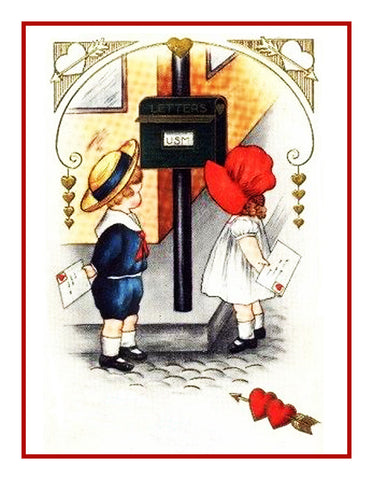Victorian Valentine Young Boy and Girl Mailbox Counted Cross Stitch Pattern