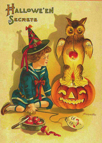 Halloween Vintage Boy Owl Pumpkin Counted Cross Stitch Pattern