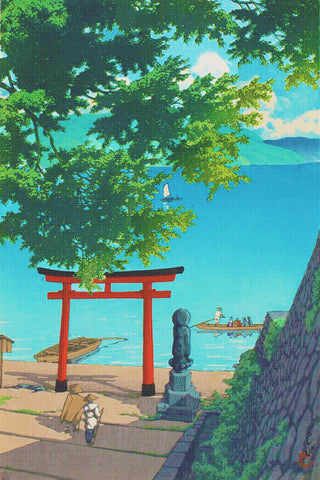Temple at Utagahama Beach by Japanese artist Kawase Hasui Counted Cross Stitch Pattern