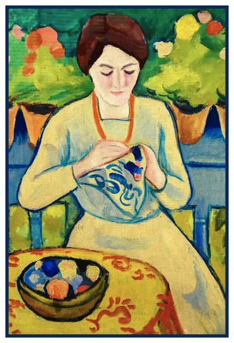 Woman Embroidering on the Porch by Expressionist Artist August Macke Counted Cross Stitch Pattern DIGITAL DOWNLOAD