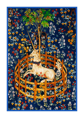 Unicorn in Captivity Navy Blue Background Inspired by The Hunt for the Unicorn Tapestries Counted Cross Stitch Pattern DIGITAL DOWNLOAD