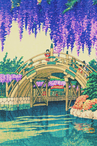 Wisteria Blossoms Kameido Bridge by Japanese artist Kawase Hasui Counted Cross Stitch Pattern