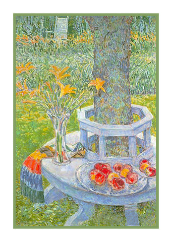 Garden Seat At East Hampton by  American Impressionist Painter Childe Hassam Counted Cross Stitch Pattern