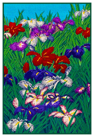 Japanese Hokusai Asian Blooming Iris Flowers Counted Cross Stitch Chart Pattern