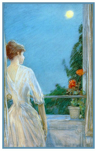 Woman on Balcony Looking at Moon by American Impressionist Painter Childe Hassam Counted Cross Stitch Pattern