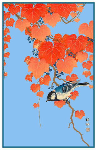 Japanese Artist Ohara Shoson's Bunting Bird on Ivy Counted Cross Stitch Pattern