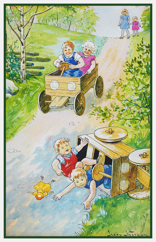 Children Playing Carts Accident by Swedish Artist Jenny Nystrom Counted Cross Stitch Pattern