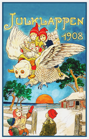Children Deliver Presents on Owl by Jenny Nystrom Counted Cross Stitch Pattern