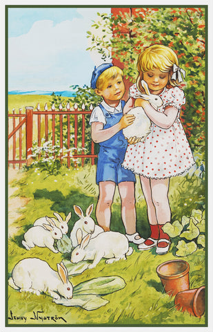 Children Playing With Rabbits Spring by Swedish Artist Jenny Nystrom Counted Cross Stitch Pattern