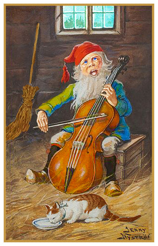 Elf Plays Cello Music to a Cat by Jenny Nystrom Counted Cross Stitch Pattern