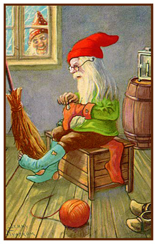 Elf Darning His Socks by Jenny Nystrom Counted Cross Stitch Pattern