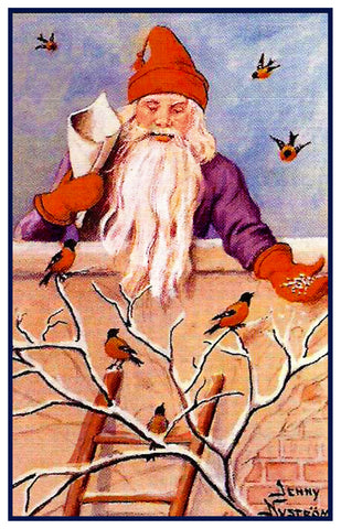 Elf Feeding Birds in Winter Wall  by Jenny Nystrom Counted Cross Stitch Pattern