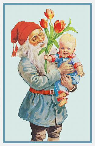 Tomte Elf Baby with Tulips by Jenny Nystrom Counted Cross Stitch Pattern