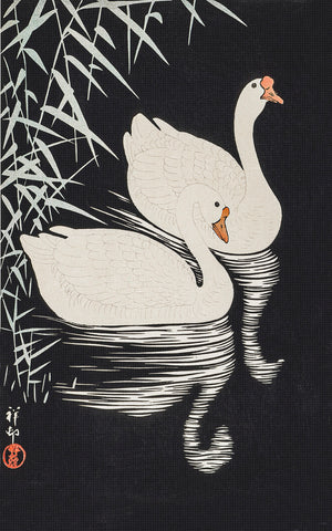 Japanese Artist Ohara (Koson) Shoson's White Chinese Geese at Night Counted Cross Stitch Pattern