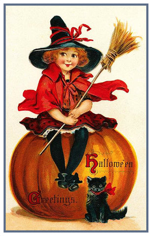 Vintage Halloween Little Witch Sitting on a Pumpkin Black Cat by Frances Brundage Counted Cross Stitch Pattern