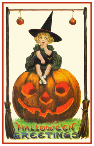 Halloween Witch Sitting on a Carved Pumpkin Counted Cross Stitch Pattern