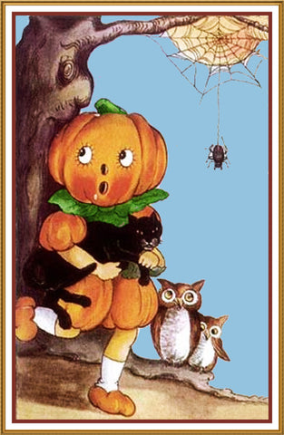 Halloween Pumpkin Person Owls Black Cat Counted Cross Stitch Pattern