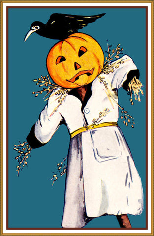 Halloween Scarecrow Pumpkin Head Crow Counted Cross Stitch Pattern