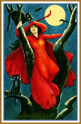 Halloween Witch in Red Dress Full Moon Bats Counted Cross Stitch Pattern
