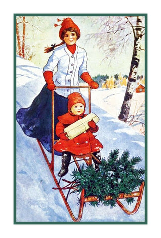 Mother and Daughter Deliver Presents on a Sled Jenny Nystrom  Holiday Christmas Counted Cross Stitch Pattern