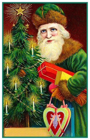 Victorian Father Christmas Santa Delivering Presents a Tree and Candy Heart Counted Cross Stitch Pattern DIGITAL DOWNLOAD