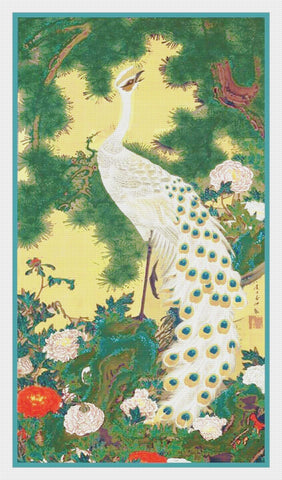 White Peacock on Pine Tree by Japanese Artist Ito Jakuchu Counted Cross Stitch Pattern