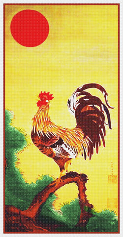 Rooster Pine Tree Sun by Japanese Artist Ito Jakuchu Counted Cross Stitch Pattern