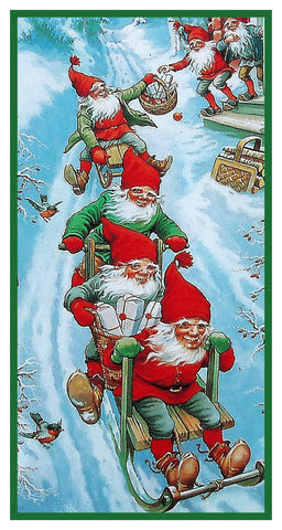 Elves Gnomes Sledding Jenny Nystrom Holiday Christmas Counted Cross Stitch Pattern