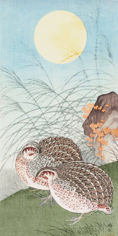 Japanese Artist Ohara (Koson) Shoson's Quails in Full Moon Counted Cross Stitch Pattern