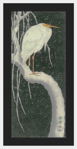 Japanese Artist Ohara (Koson) Shoson's Egret on a Branch in Snow Counted Cross Stitch Pattern