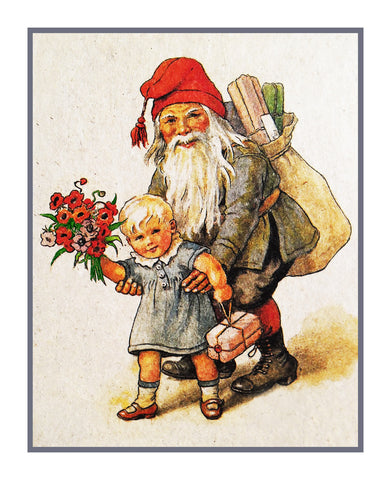 Elf Gnome Baby Presents Flower Bouquet Jenny Nystrom  Holiday Christmas Counted Cross Stitch Pattern