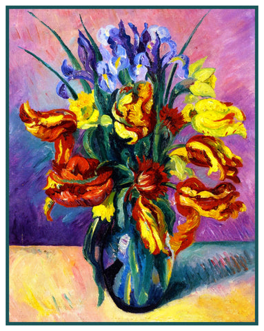 Art Nouveau Colorful Parrot Tulips and Iris Flowers Counted Cross Stitch Pattern
