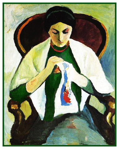 Woman Embroidering Sewing by Expressionist Artist August Macke Counted Cross Stitch Pattern